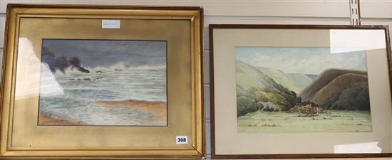 A seascape watercolour by A.Augusta tallboys RWA and a similar landscape, unsigned